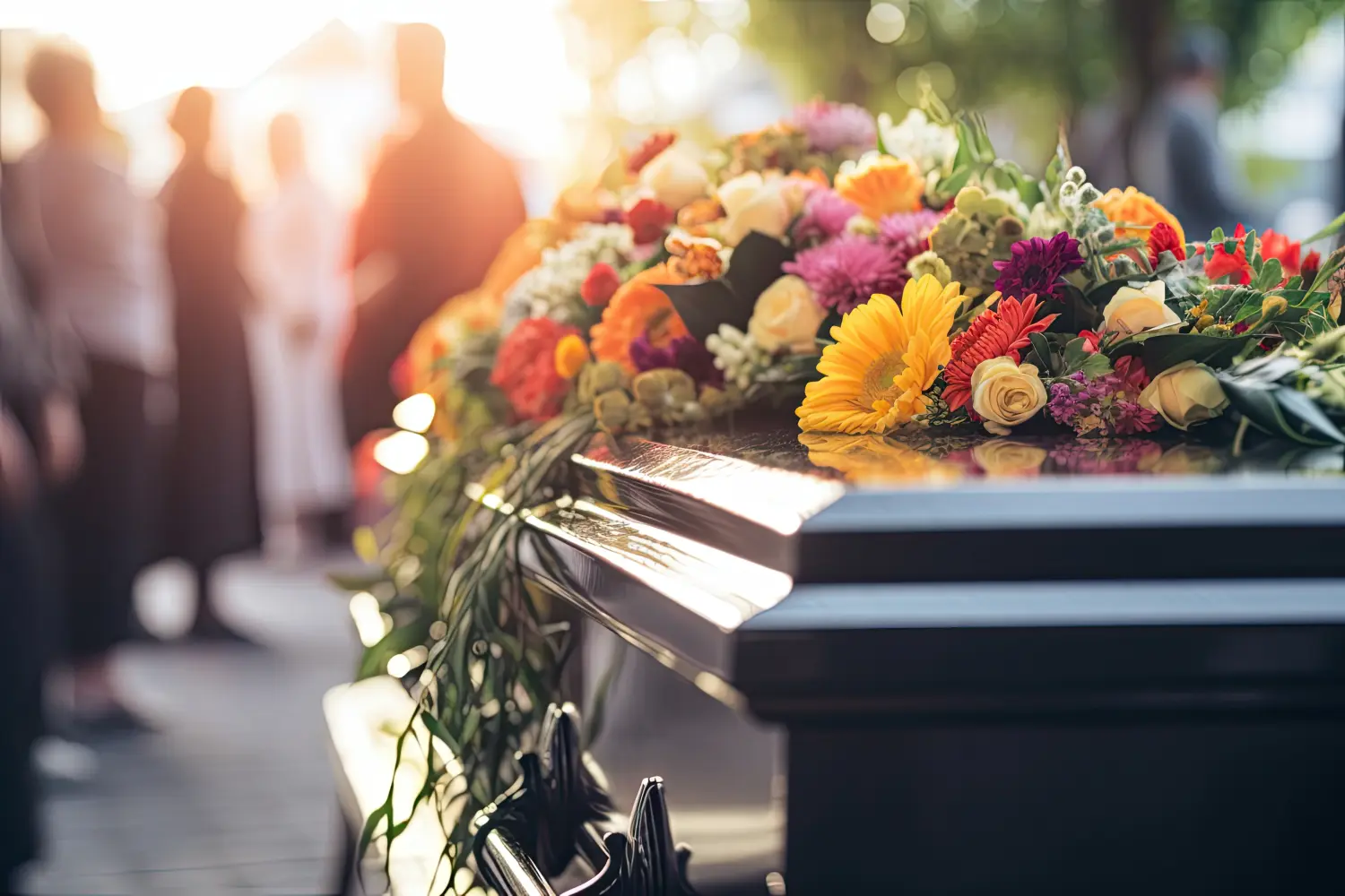 Eine Trauerfeier mit Sarg, Blumen und Trauernden in einer Kirche symbolisiert Trauer, Erinnerung und die Feier eines vergangenen Lebens.