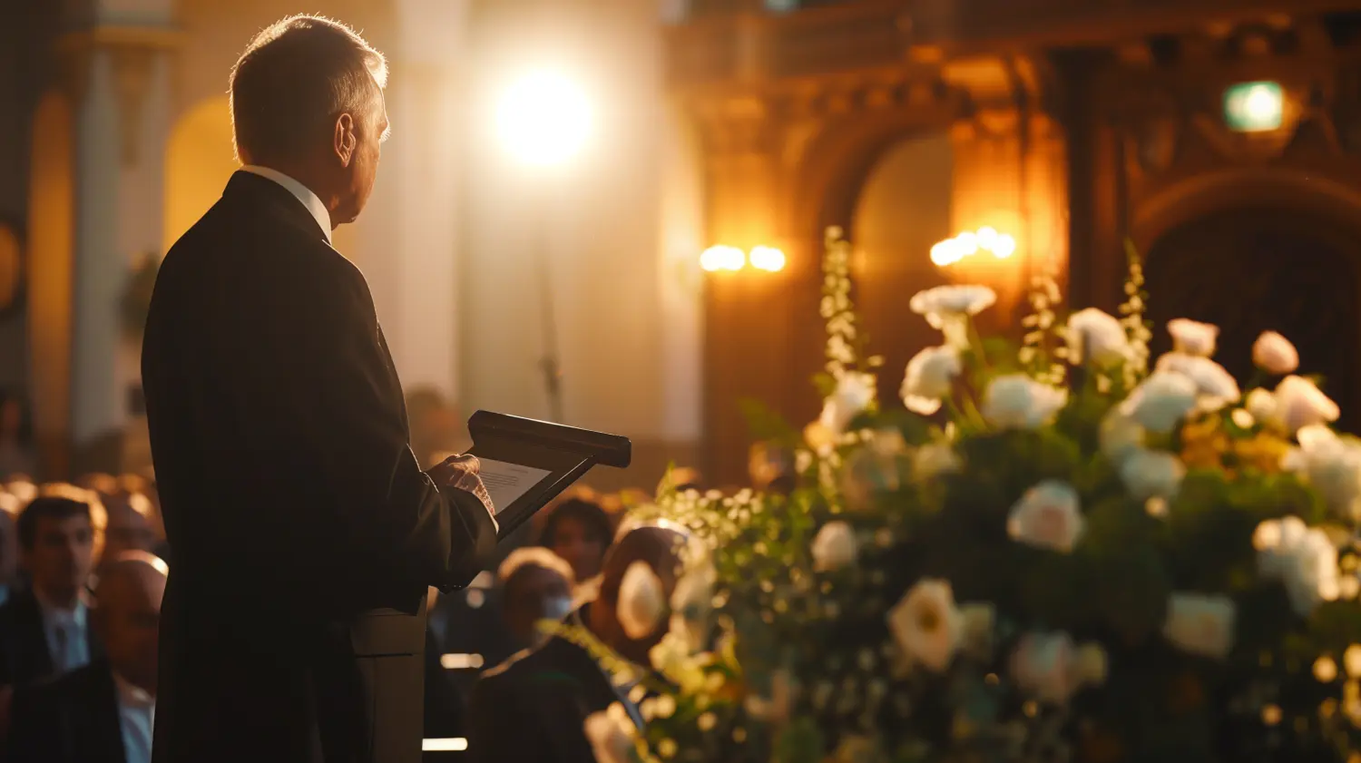 Ein Mann hält bei einer Gedenkfeier eine Abschiedsrede, wobei Blumen und das versammelte Publikum im Mittelpunkt stehen.